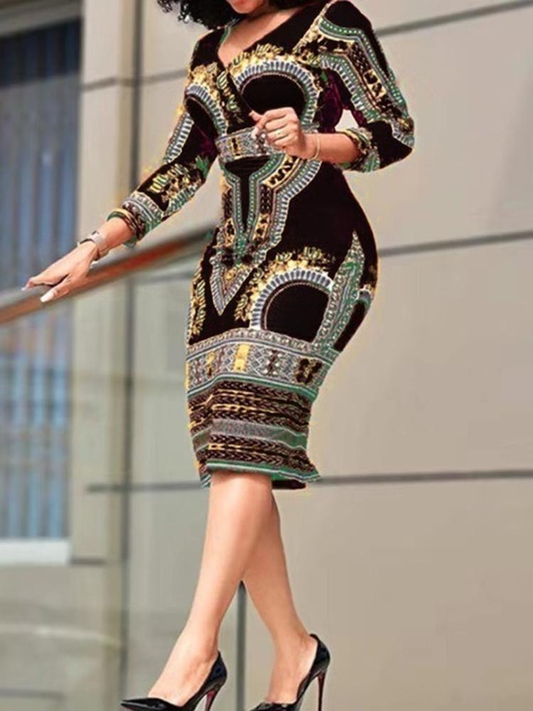 Изображение товара: Женское платье с V-образным вырезом, винтажное облегающее платье с принтом в стиле ретро для офиса, элегантная приталенная одежда для работы, африканская мода, осень