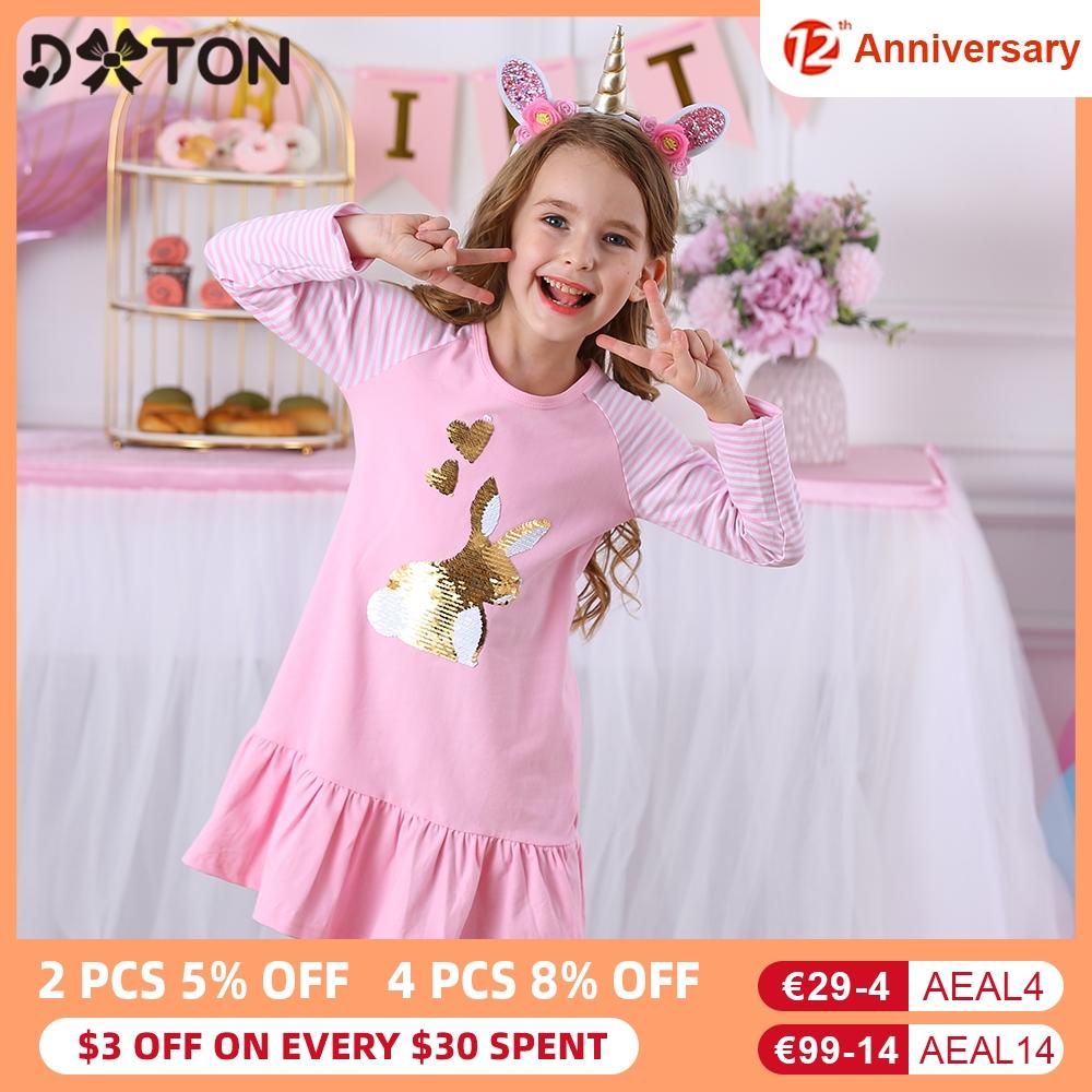 Изображение товара: DXTON/Хлопковые Платья для девочек; Детское платье с длинными рукавами и блестками с кроликом для девочек; Детское повседневное платье в полоску; Зимняя одежда для малышей