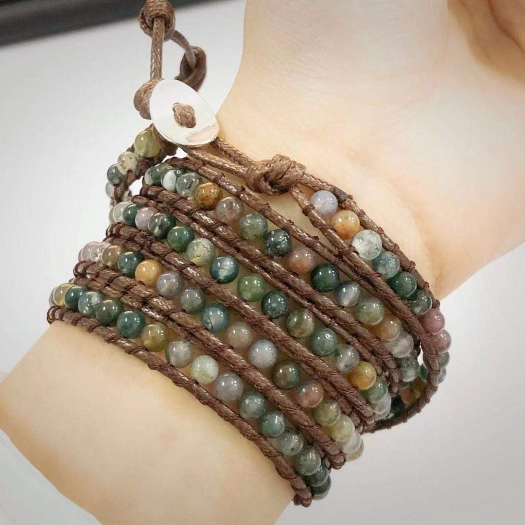 Изображение товара: Milangirl богемные ювелирные браслеты 6 мм матовый камень обернуть винтажные кожаные браслеты винтажные 3 нити Многослойные плетеные