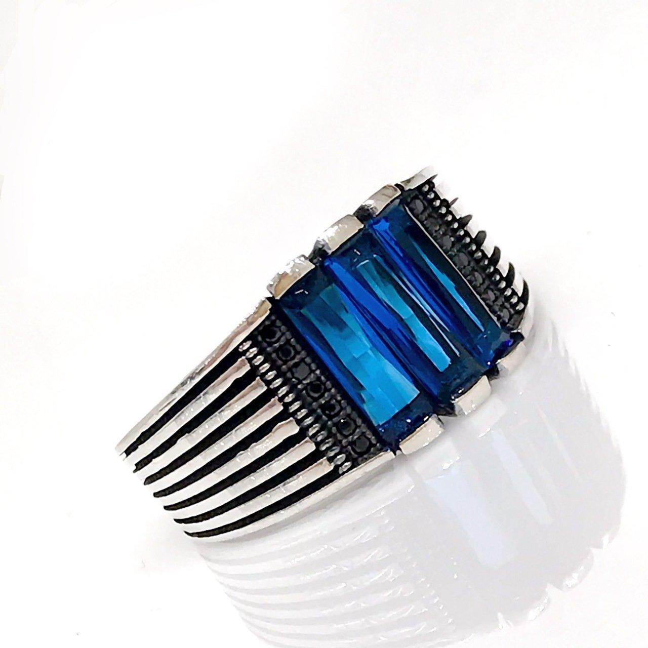 Изображение товара: Новый сапфировый синий багет вырезать специальный дизайн простое серебряное мужское кольцо