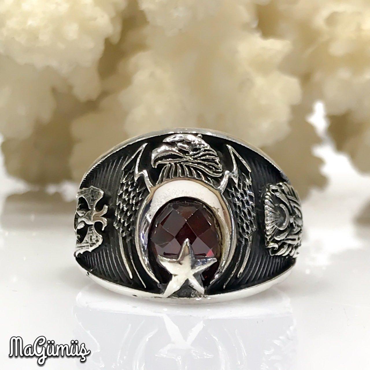 Изображение товара: Мужское серебряное кольцо с красным камнем, луной, звездами, Орлом