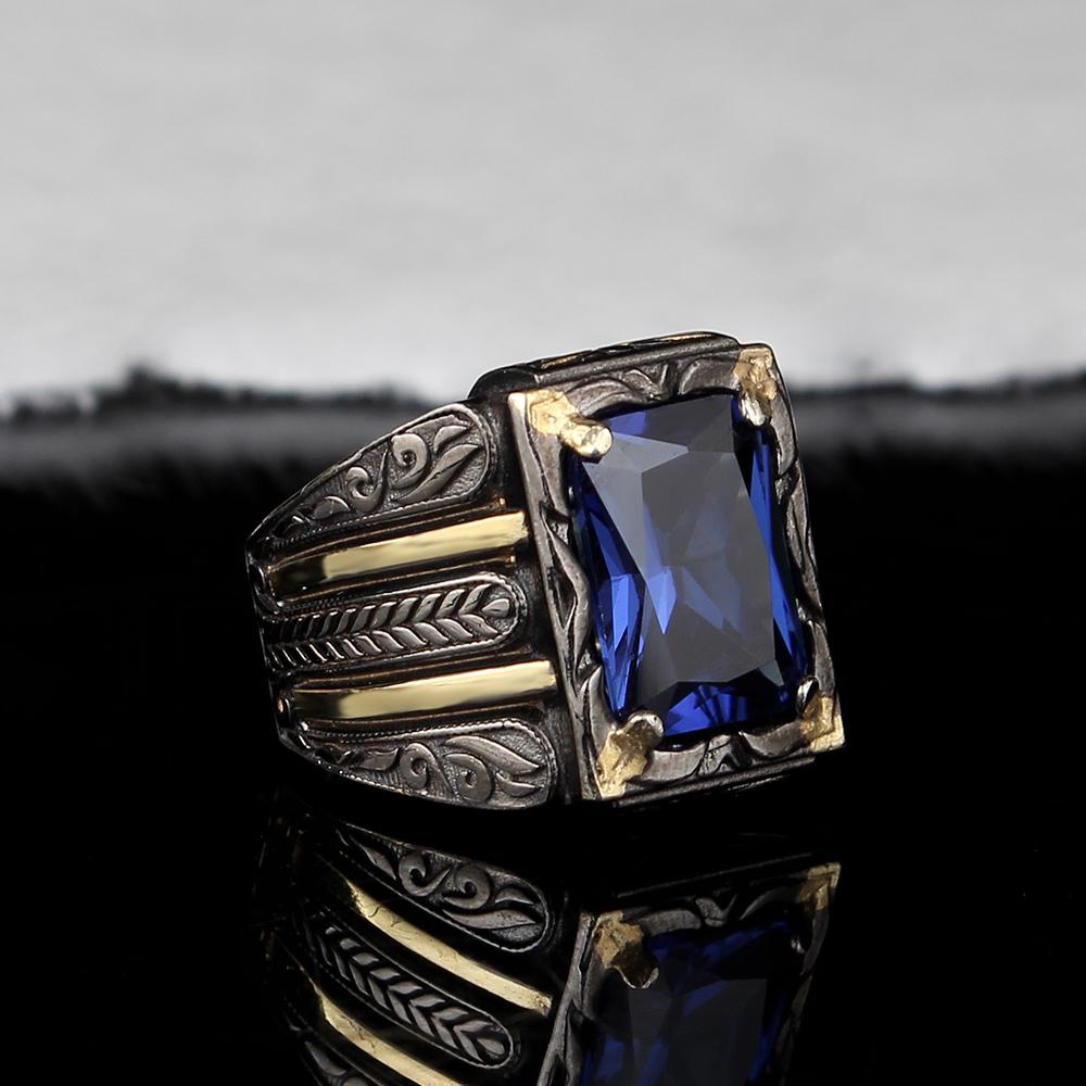 Изображение товара: Мужское серебряное кольцо ручной работы с танзанитом, мужское кольцо из серебра 925 пробы, Серебряное прямоугольное кольцо ручной работы с танзанитом