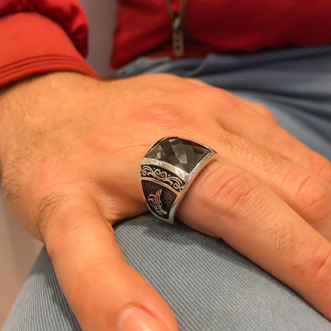 Изображение товара: Черный багет квадратный оникс тугра серебряное мужское кольцо
