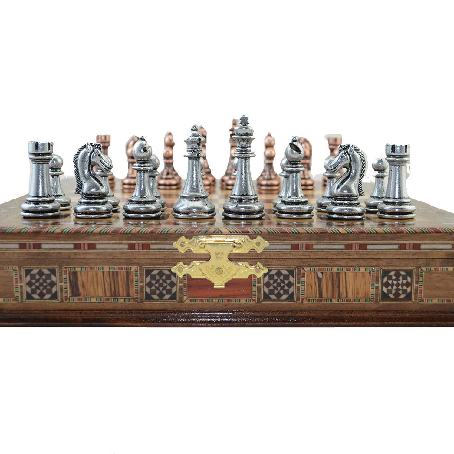 Изображение товара: Набор классических медных шахматных фигур ручной работы, шахматная доска из натурального массива дерева, жемчужный дизайн на доске, хранилище внутри King 7 см