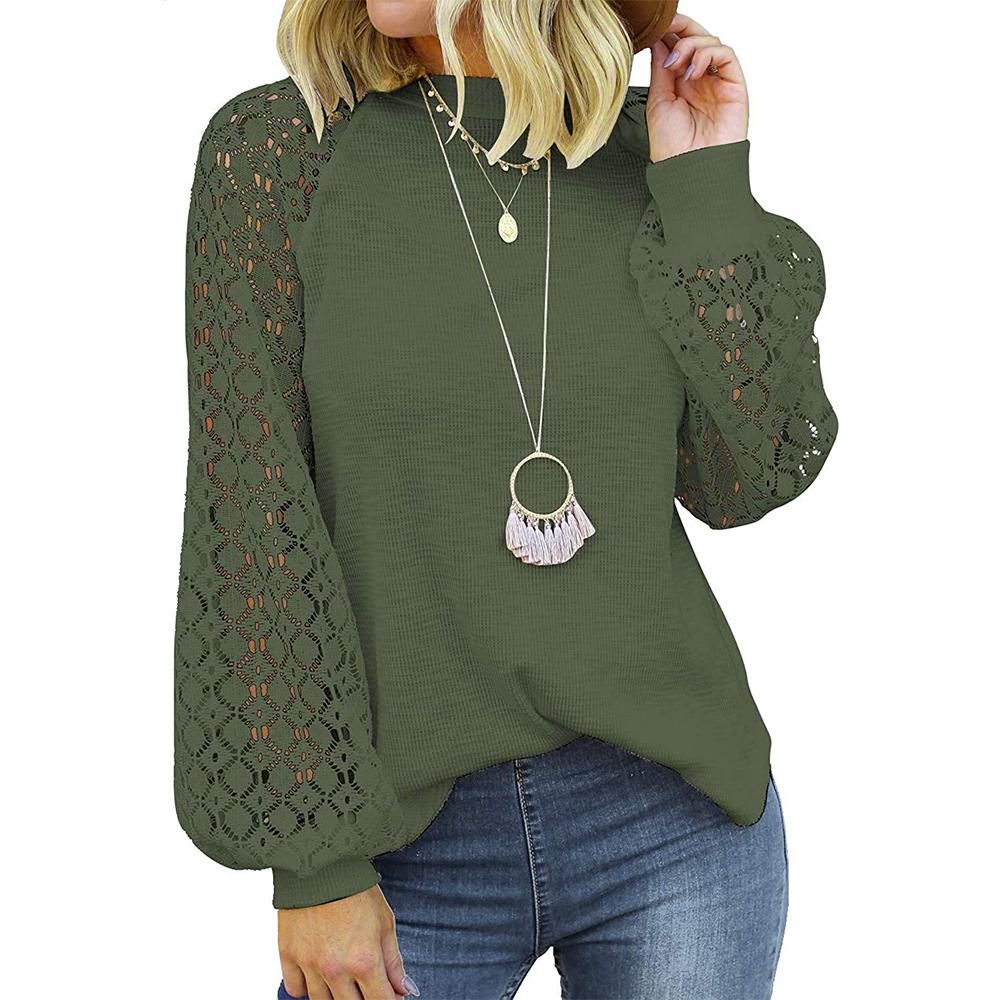 Изображение товара: Женская Повседневная кружевная рубашка с вырезами, пуловер с круглым вырезом и рукавами-фонариками, элегантные футболки с длинным рукавом, свободная футболка в стиле пэчворк