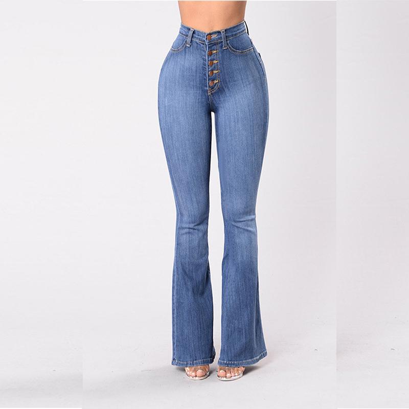 Изображение товара: Женские джинсы-скинни с высокой талией, винтажные расклешенные брюки с выбеленными пуговицами на осень и зиму 2020