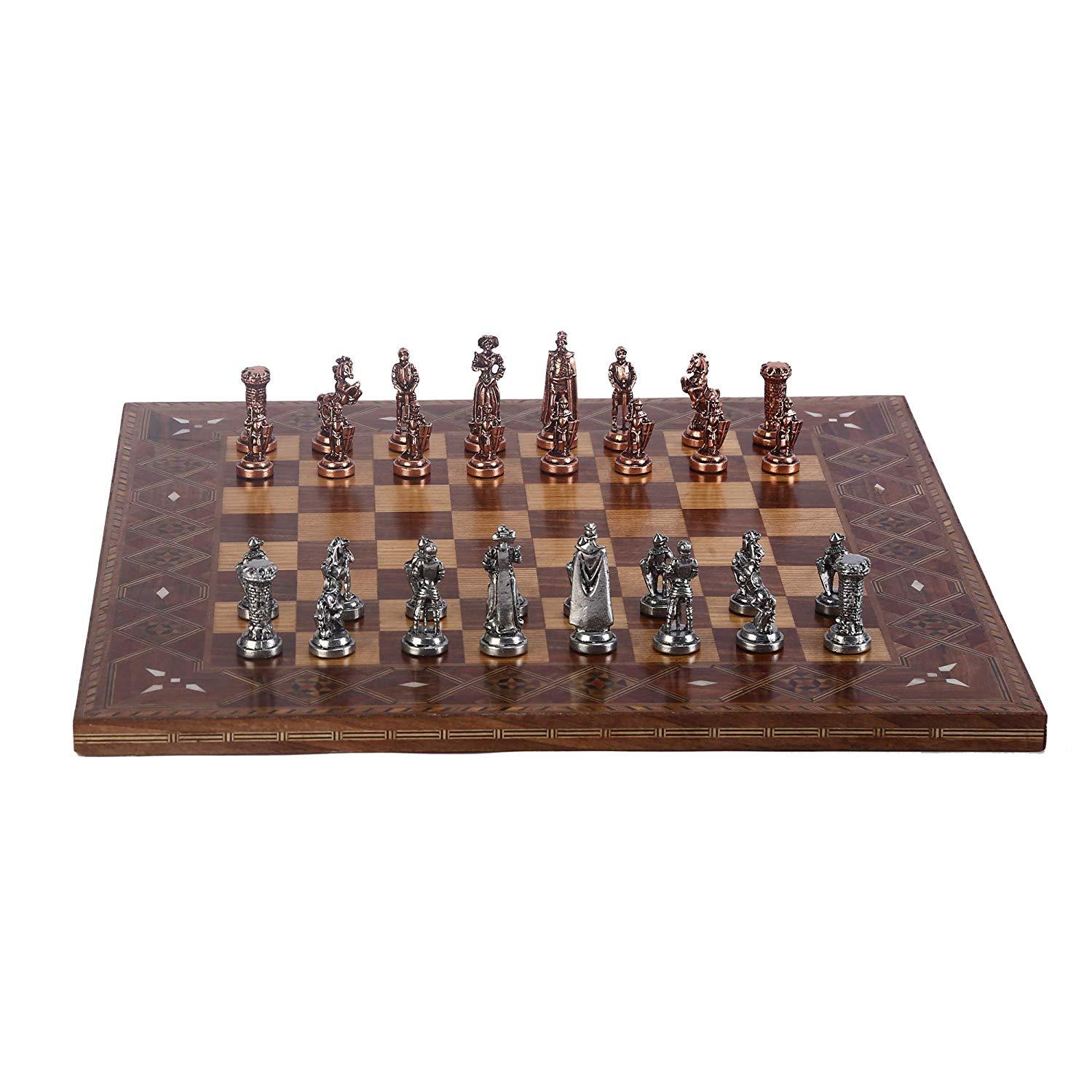 Изображение товара: Набор медных металлических шахматных фигур средневековой британской армии, набор ручной работы, шахматная доска из натурального массива дерева, оригинальный жемчуг, размер King 7 см