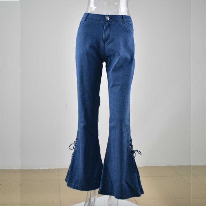 Изображение товара: Обтягивающие расклешенные джинсы с бантом для женщин, модель 2020 года, Осень-зима, корейские повседневные отбеленные брюки на шнуровке, женские джинсовые брюки