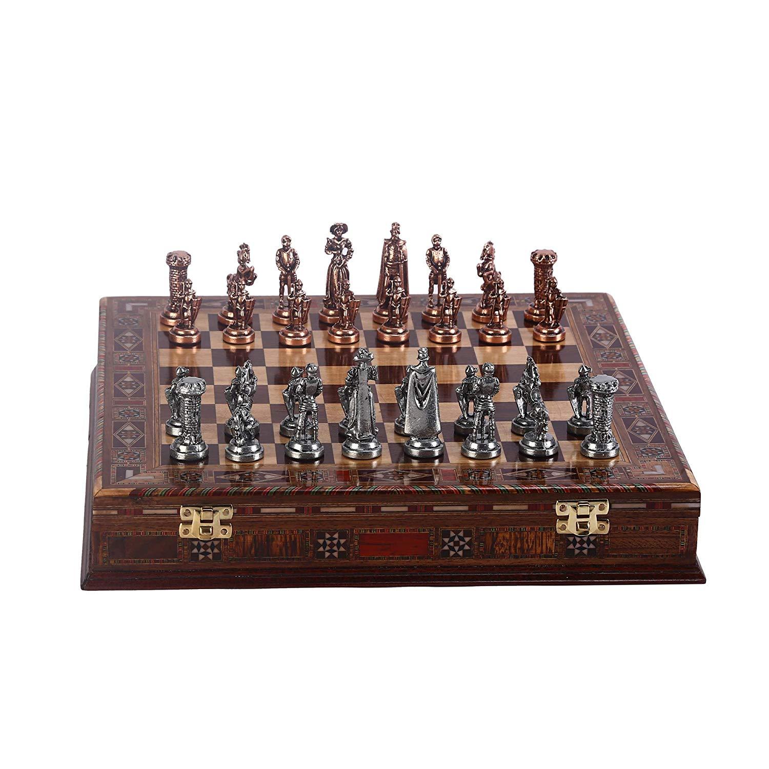 Изображение товара: Набор шахматный из меди, средневековой британской армии, фигуры ручной работы, натуральная твердая деревянная шахматная доска, для хранения внутри короля 7 см