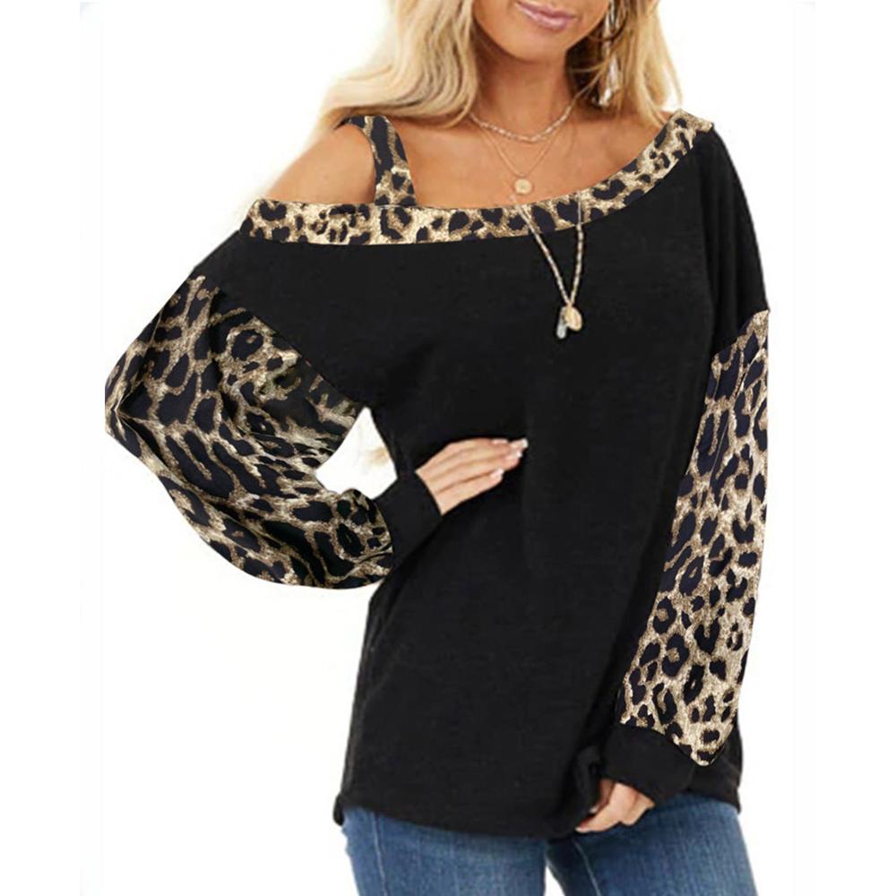Изображение товара: Женский свободный пуловер с открытыми плечами, повседневный базовый топ с леопардовым принтом и длинным рукавом, весна 2021