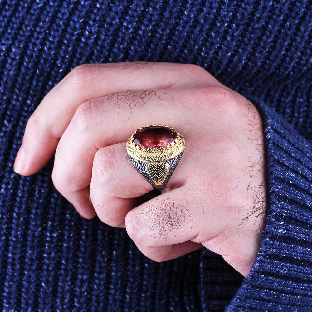 Изображение товара: Мужское серебряное кольцо с зултанитом ручной работы, мужское овальное кольцо с зултанитом ручной работы из серебра 925 пробы