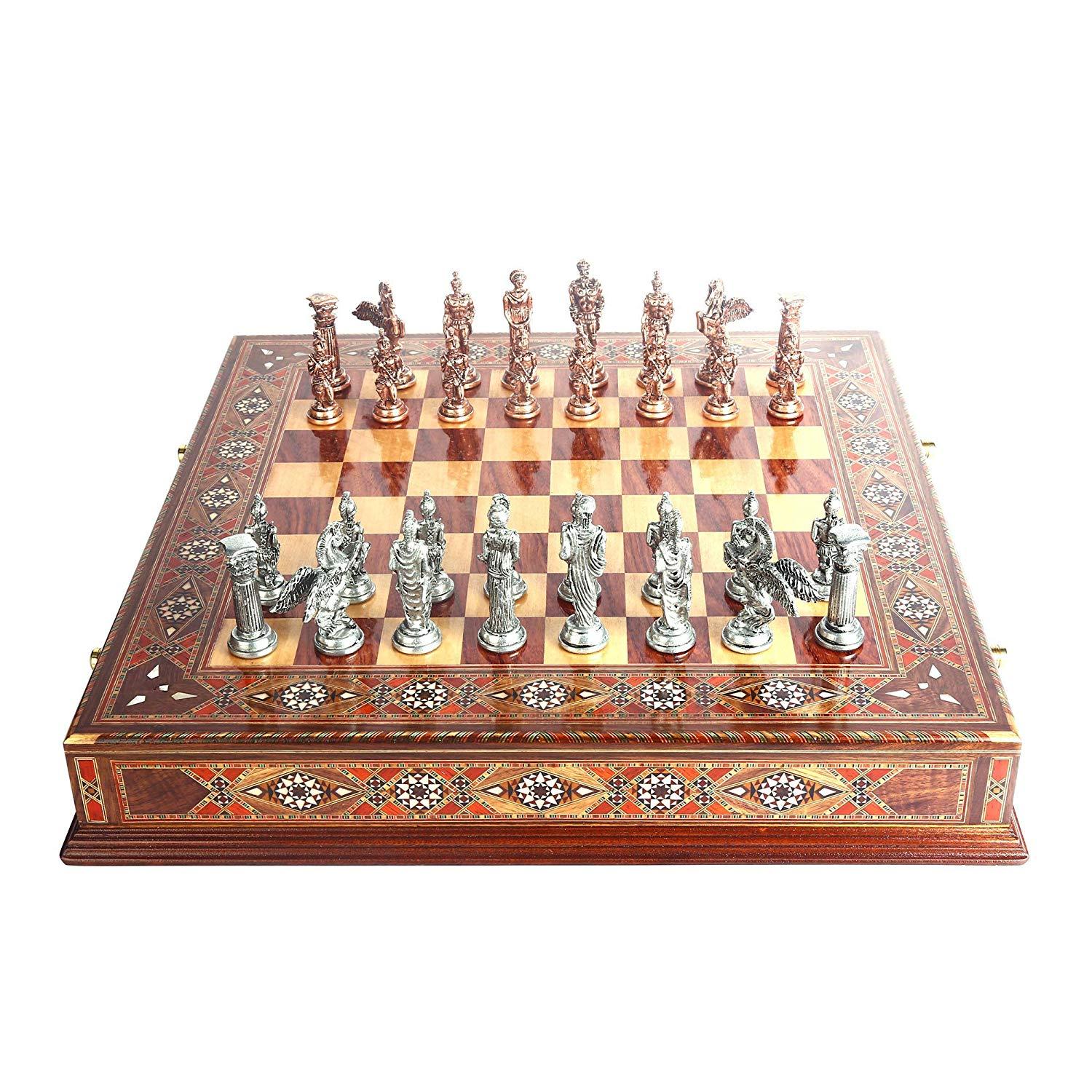 Изображение товара: Металлический Шахматный набор Pegasus, антикварные медные детали ручной работы, натуральная твердая деревянная шахматная доска, оригинальный жемчуг, хранение внутри короля 9 см