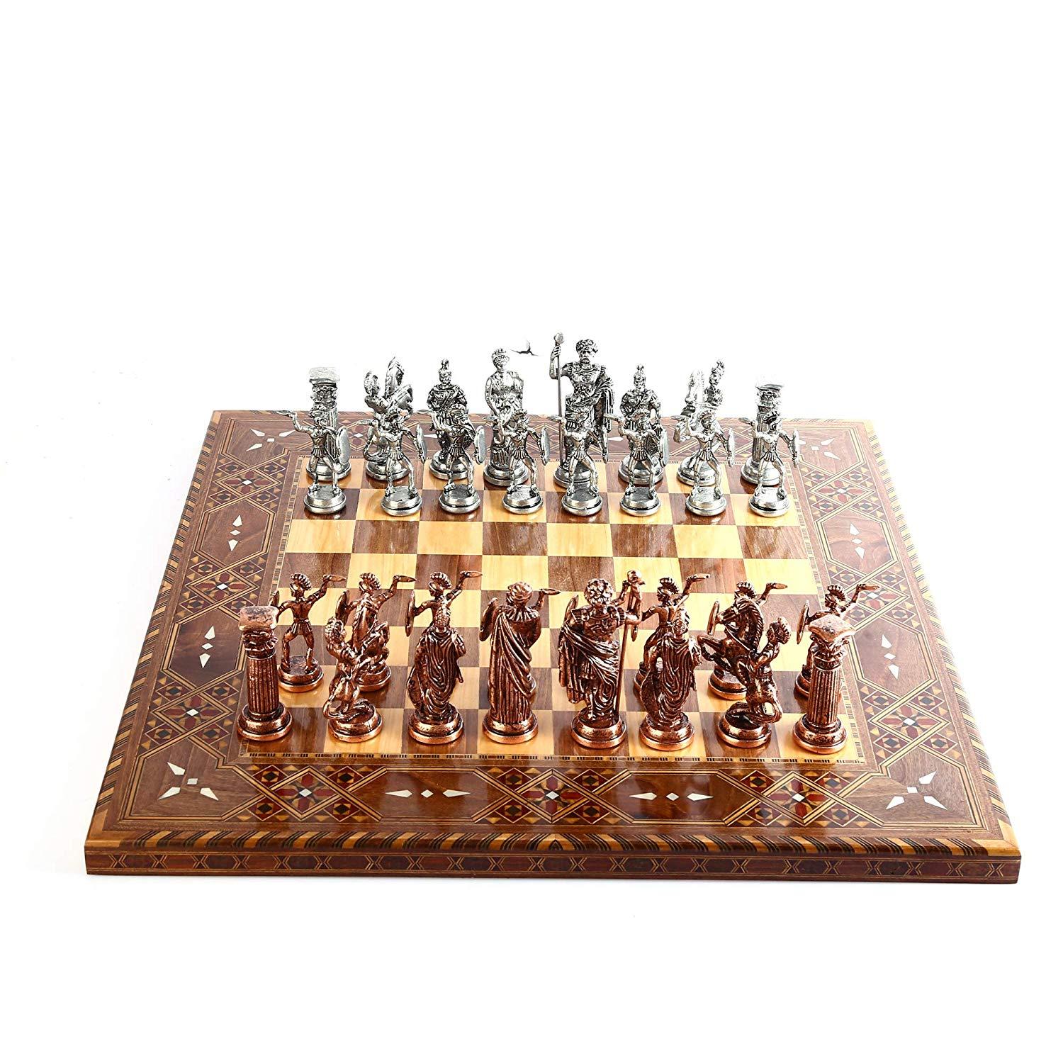 Изображение товара: Шахматный набор из антикварных медных римских фигур, фигурки ручной работы, шахматная доска из натурального массива дерева с оригинальной жемчужиной, король 10 см