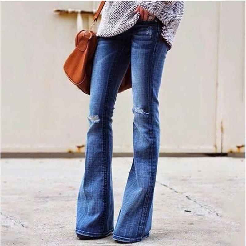 Изображение товара: Женские рваные джинсы-клеш с эффектом потертости, винтажные Выбеленные брюки с высокой талией, синие джинсовые брюки в Корейском стиле, осень 2020