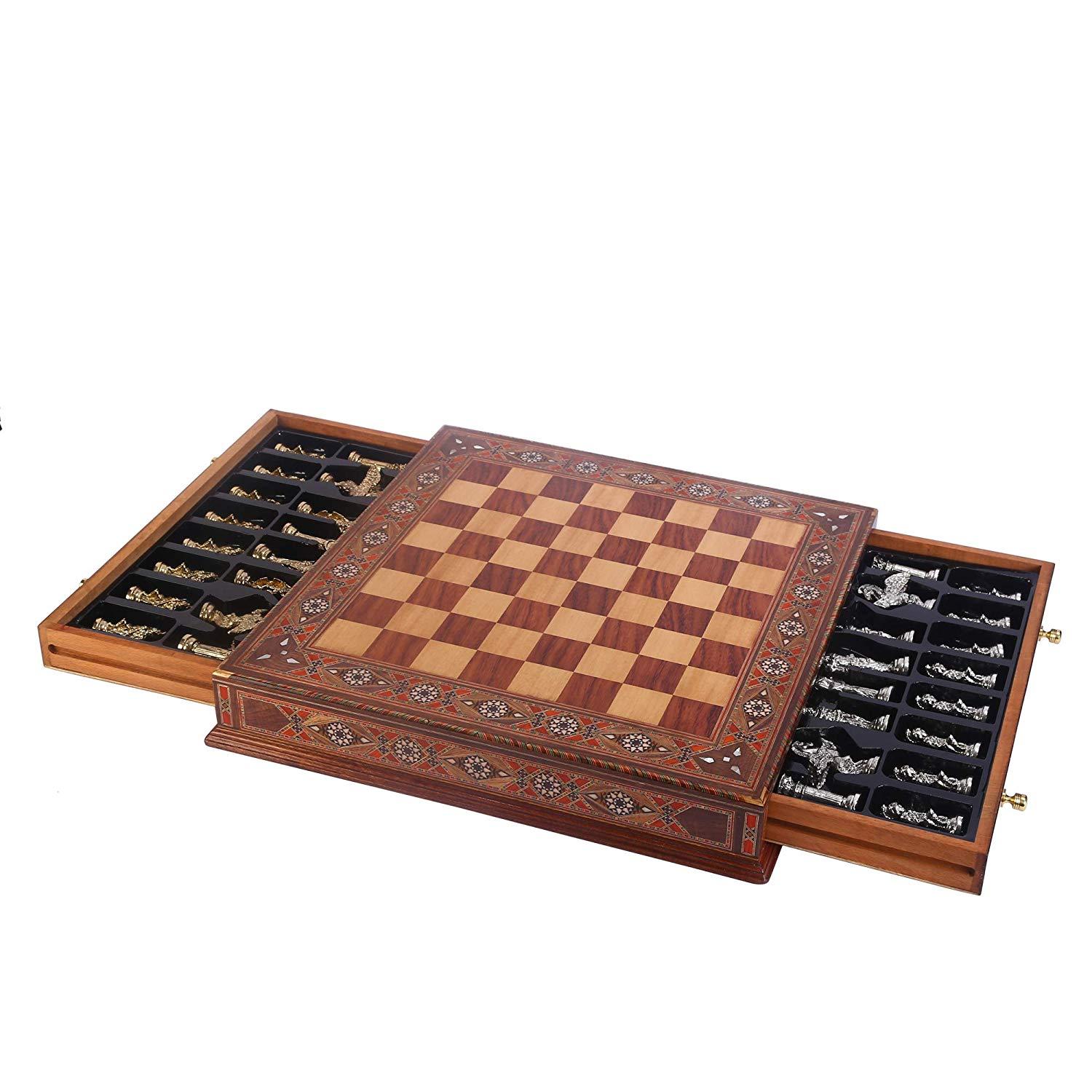 Изображение товара: Металлический Шахматный набор, римские фигурки, предметы ручной работы, шахматная доска из натурального массива дерева, оригинальный жемчуг на доске, хранение внутри короля 10 см