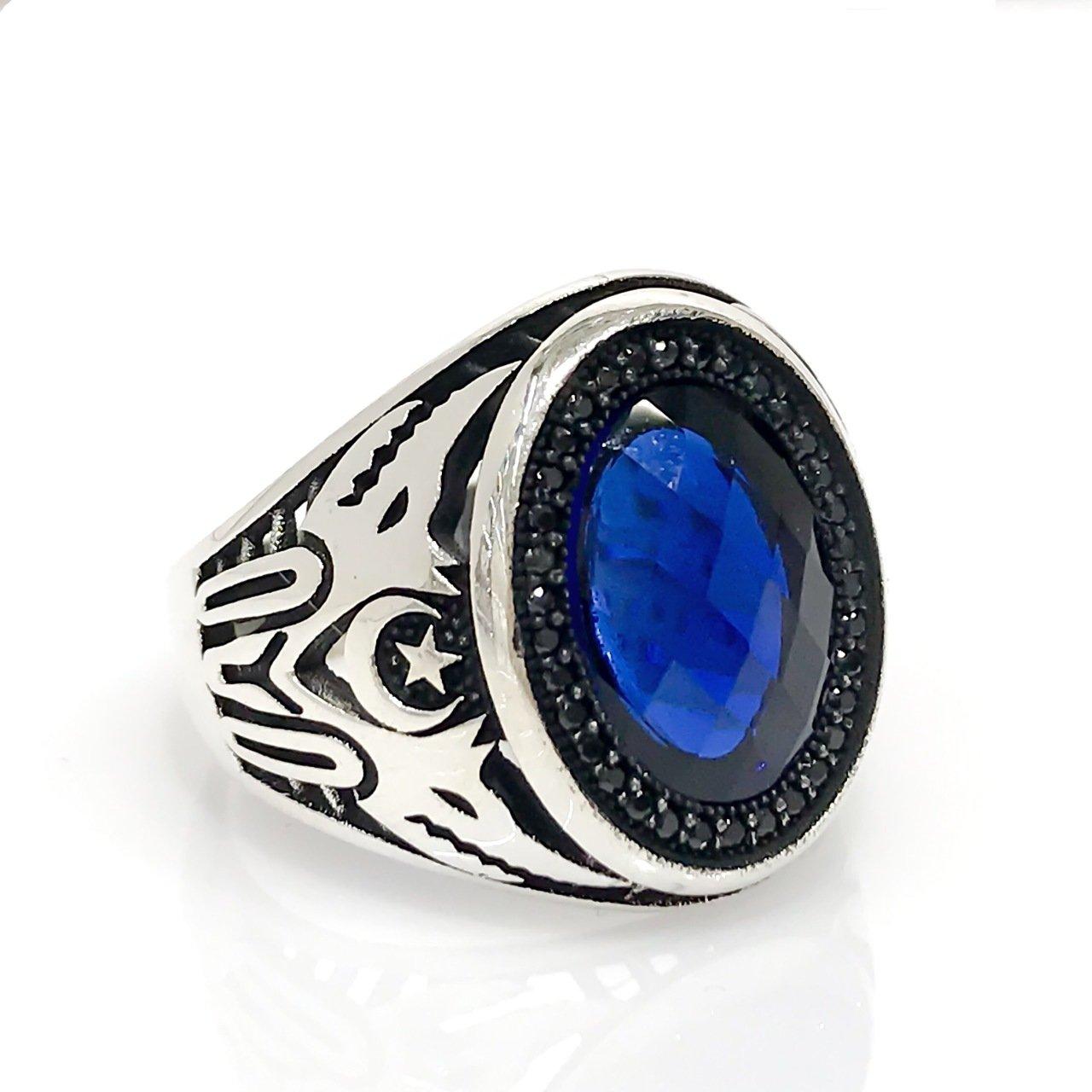 Изображение товара: Новое серебряное мужское кольцо с двуглавым орлом и сапфировым камнем