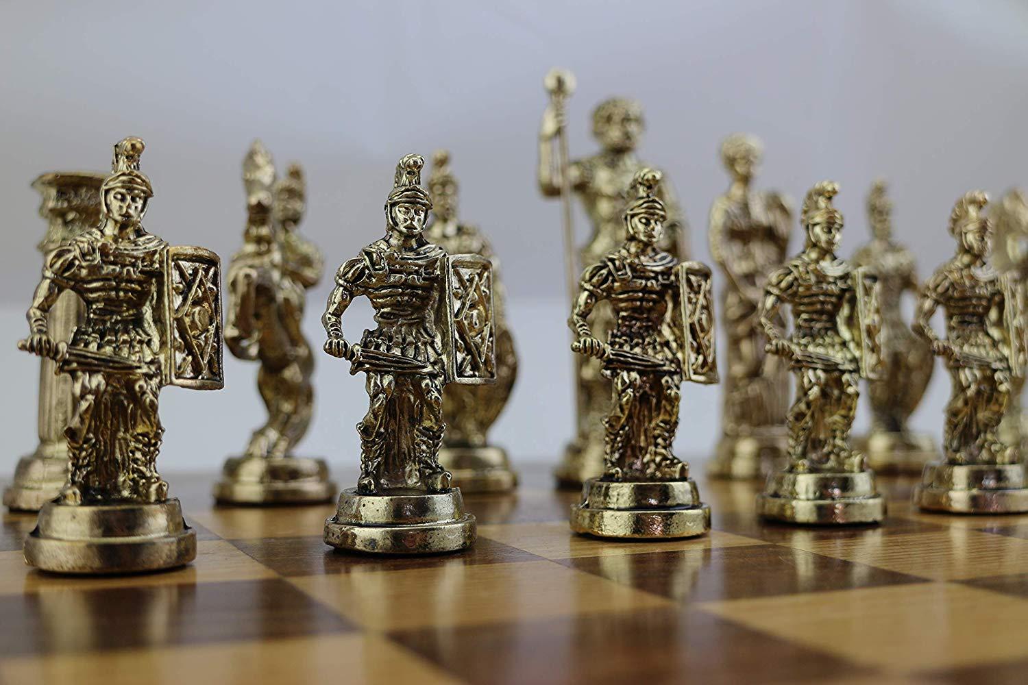 Изображение товара: Исторические римские фигурки, набор металлических шахматных фигур для взрослых, изделия ручной работы и мрамор, деревянная шахматная доска King 11 см