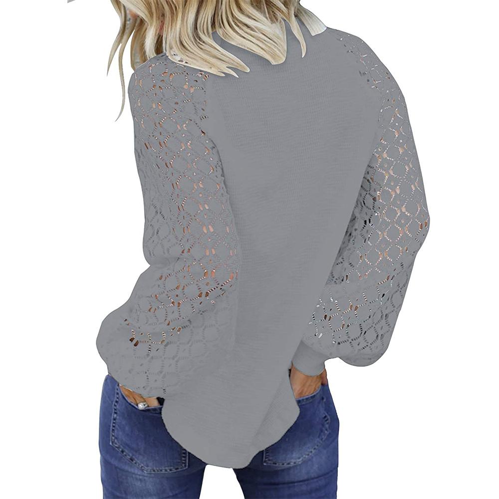 Изображение товара: Женская Повседневная кружевная рубашка с вырезами, пуловер с круглым вырезом и рукавами-фонариками, элегантные футболки с длинным рукавом, свободная футболка в стиле пэчворк