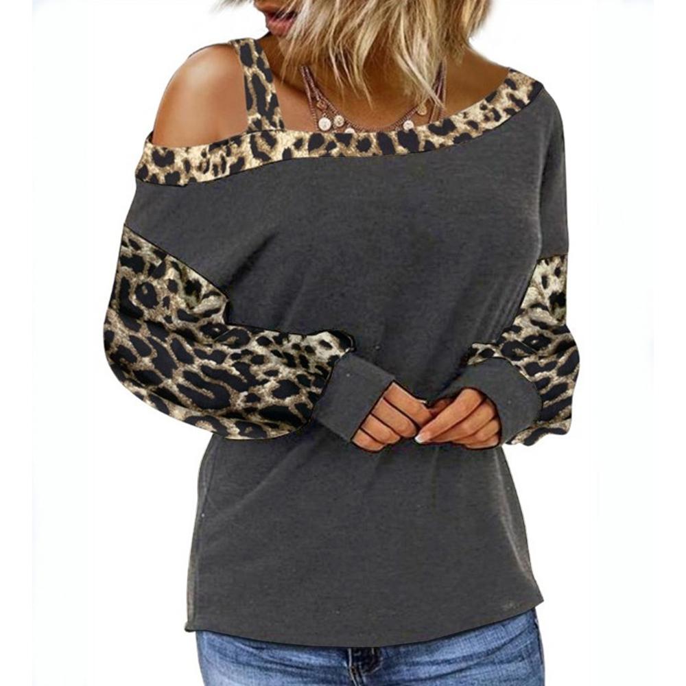 Изображение товара: Женский свободный пуловер с открытыми плечами, повседневный базовый топ с леопардовым принтом и длинным рукавом, весна 2021